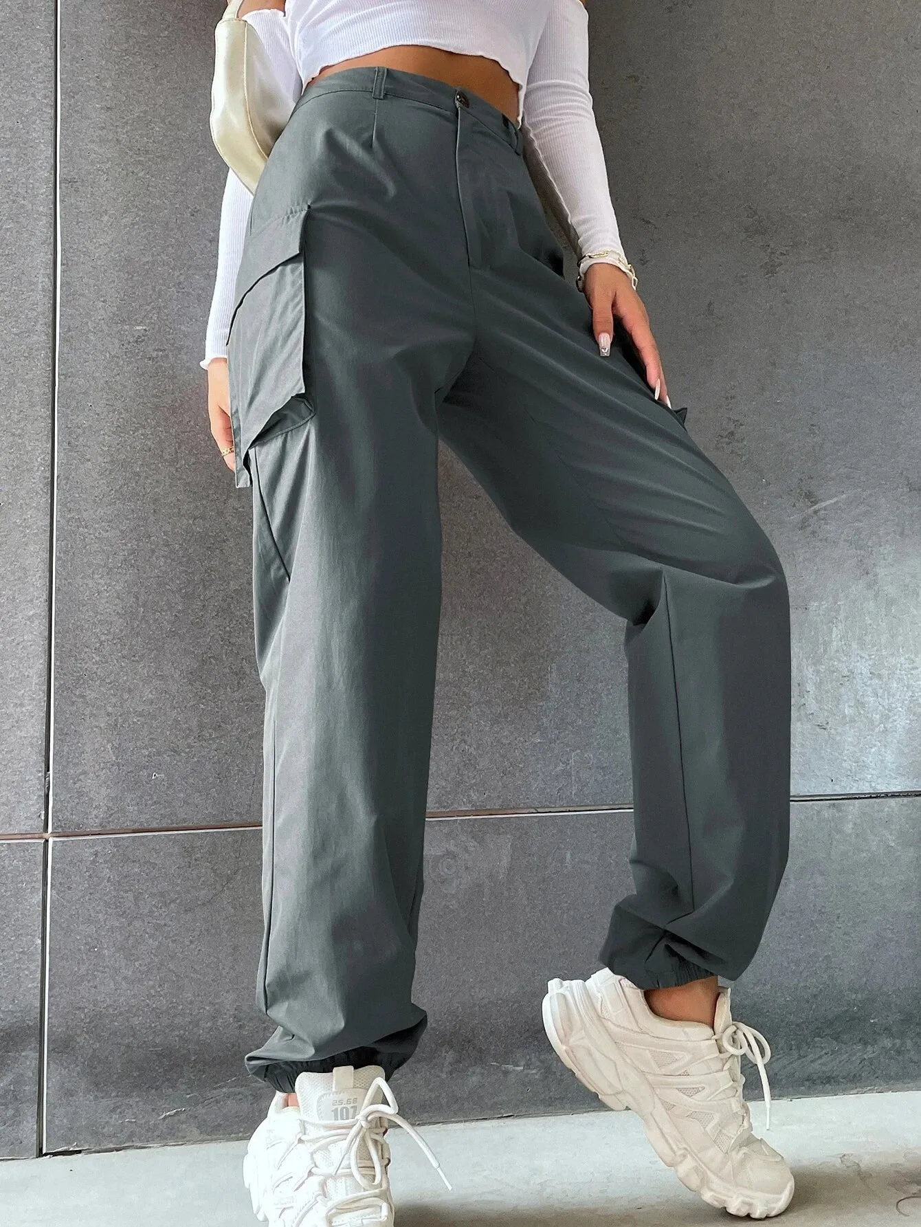 Flap Pocketed Pants In Solid Color