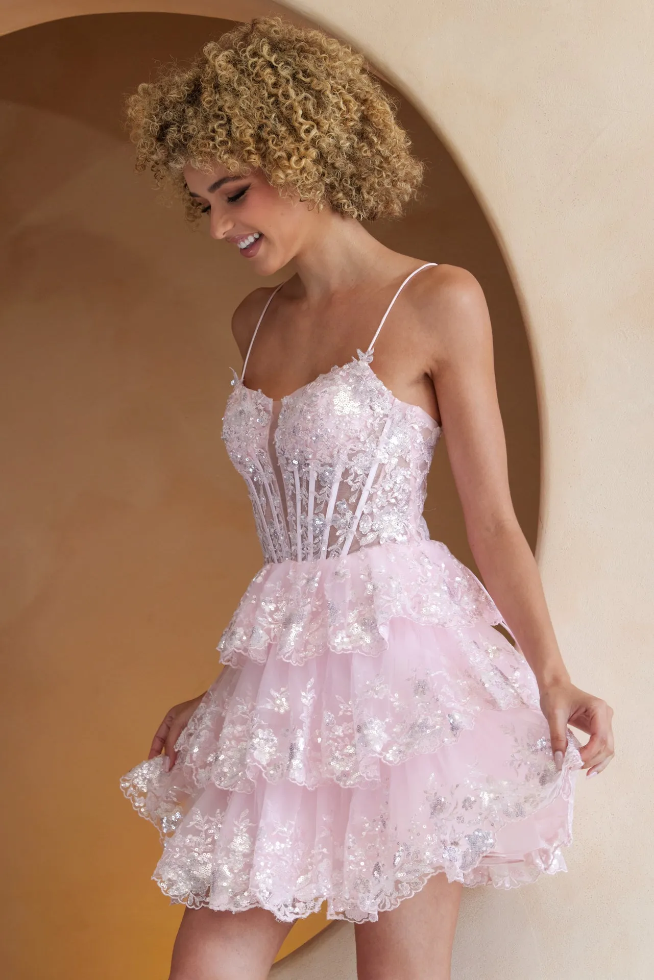 FORMAL SLEEVELESS MINI RUFFLED DRESS W/ SEQUINS EMBROIDERY & LACE UP BACK