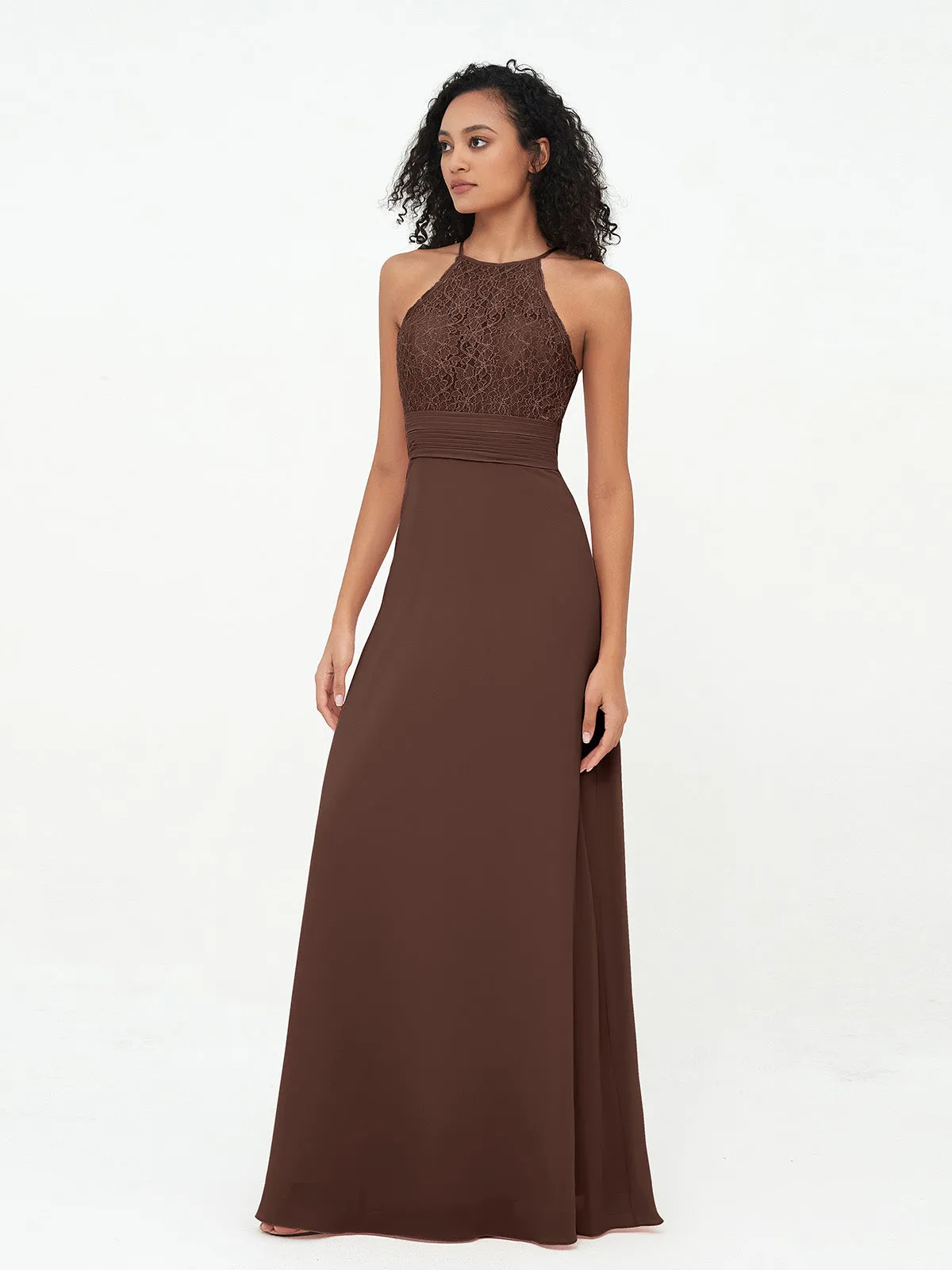 Halter Lace Top and Chiffon Open Back Dresses Chocolate Plus Size