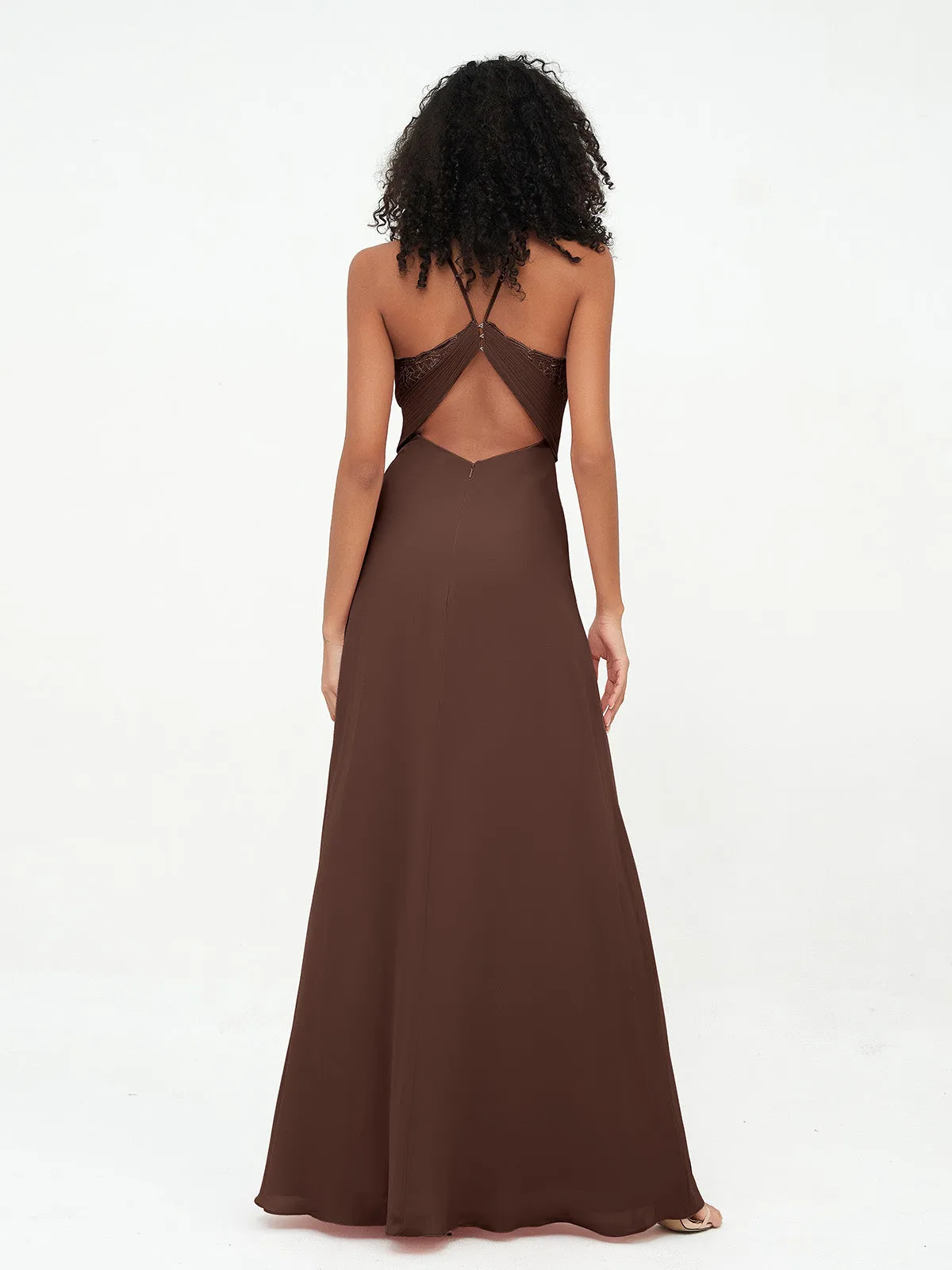 Halter Lace Top and Chiffon Open Back Dresses Chocolate Plus Size