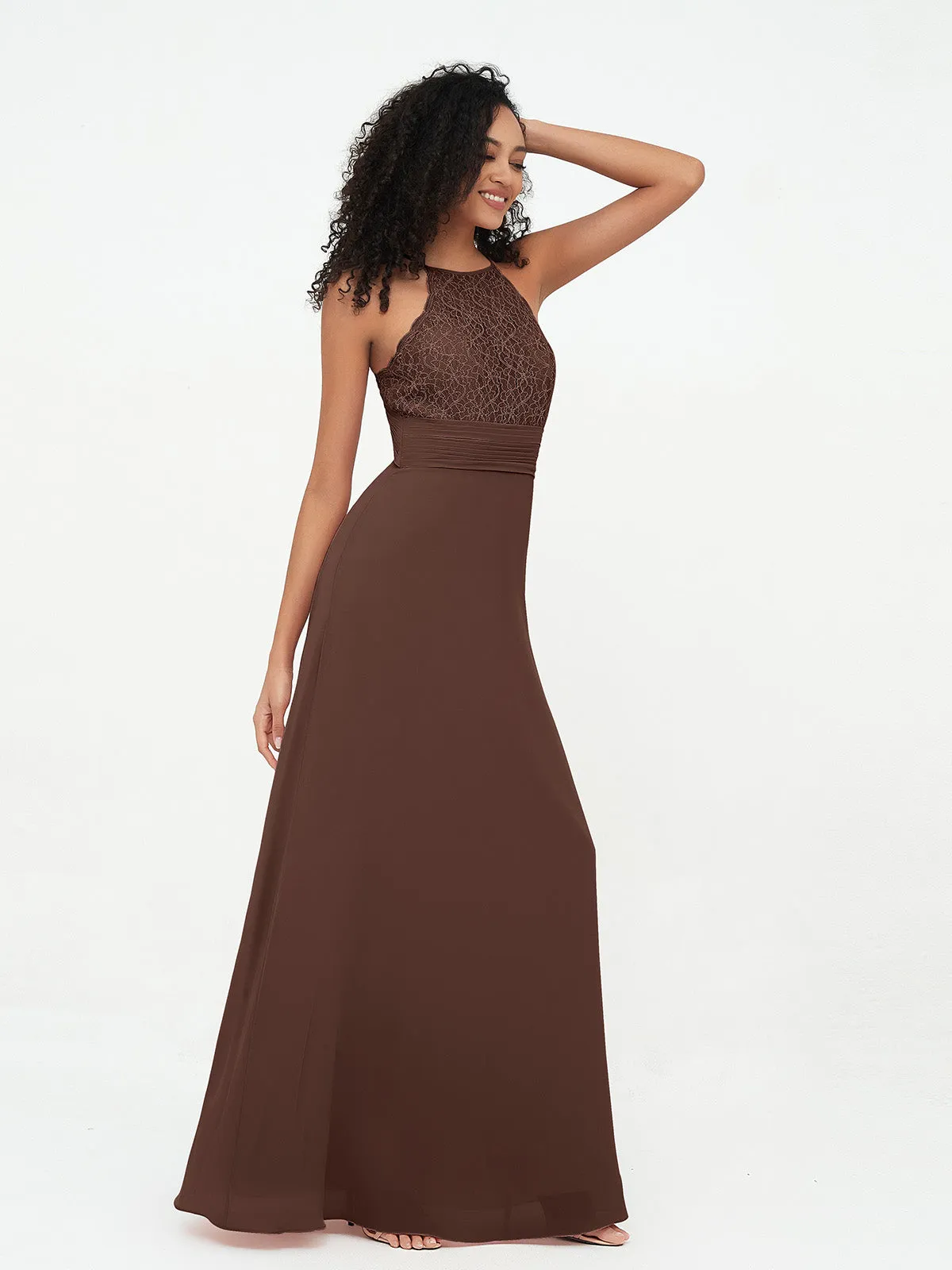 Halter Lace Top and Chiffon Open Back Dresses Chocolate Plus Size