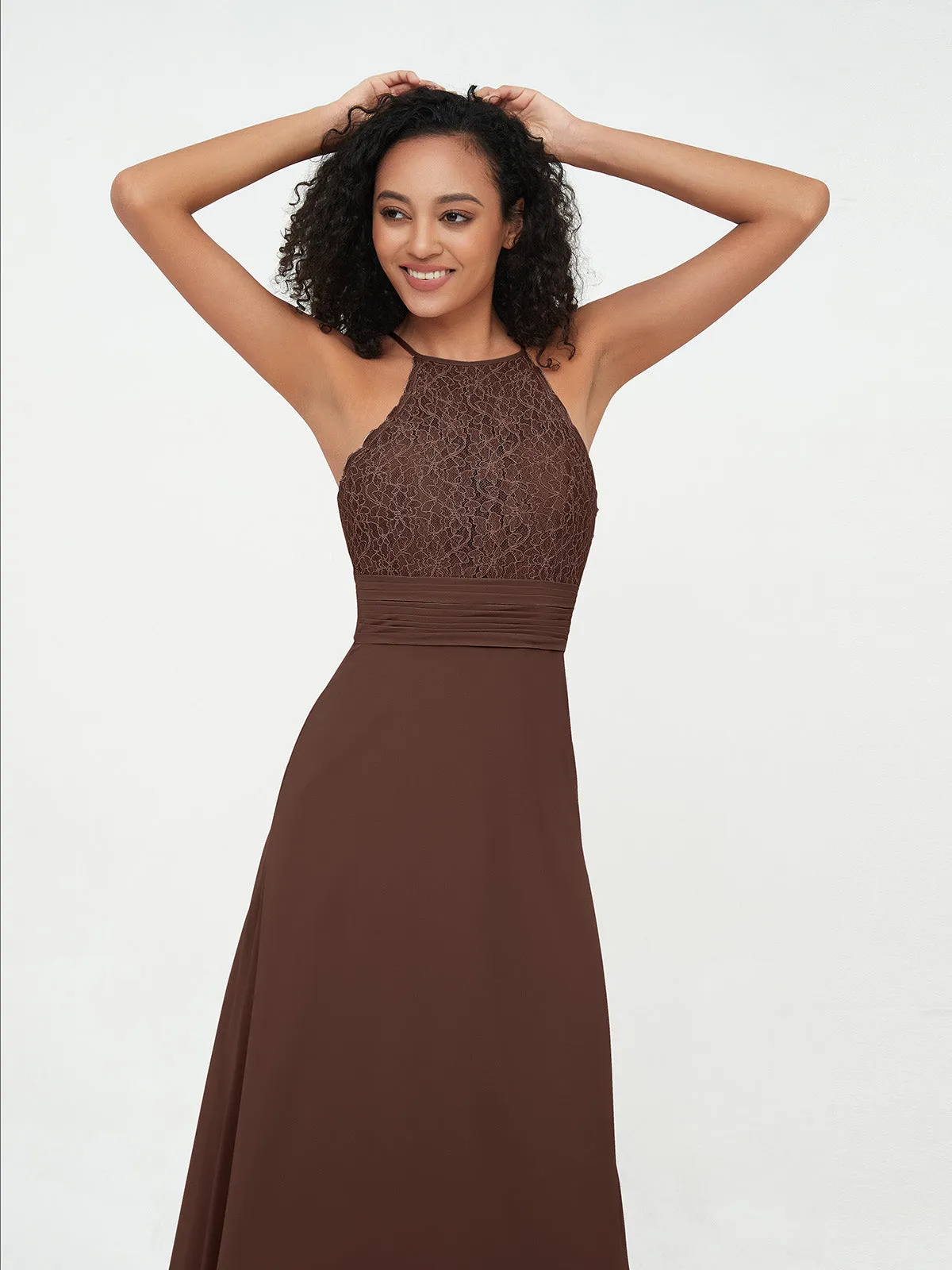 Halter Lace Top and Chiffon Open Back Dresses Chocolate Plus Size