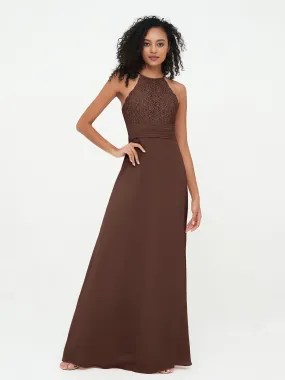 Halter Lace Top and Chiffon Open Back Dresses Chocolate Plus Size