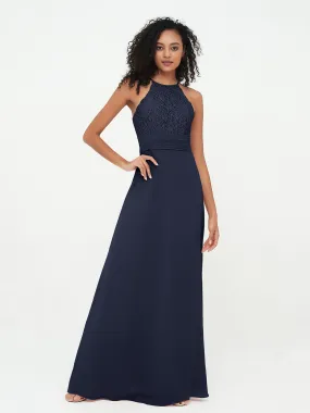 Halter Lace Top and Chiffon Open Back Dresses Dark Navy