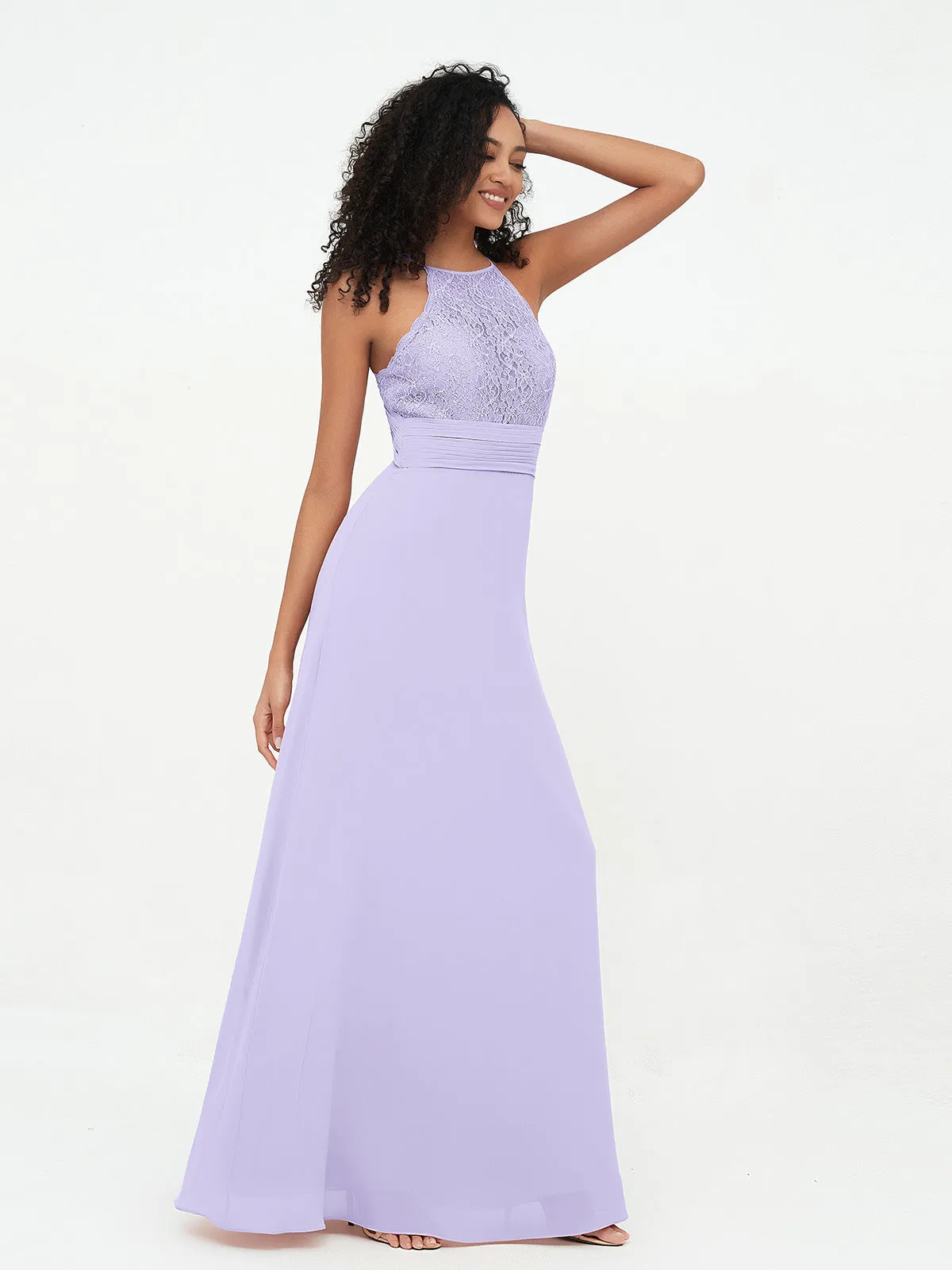 Halter Lace Top and Chiffon Open Back Dresses Lilac Plus Size