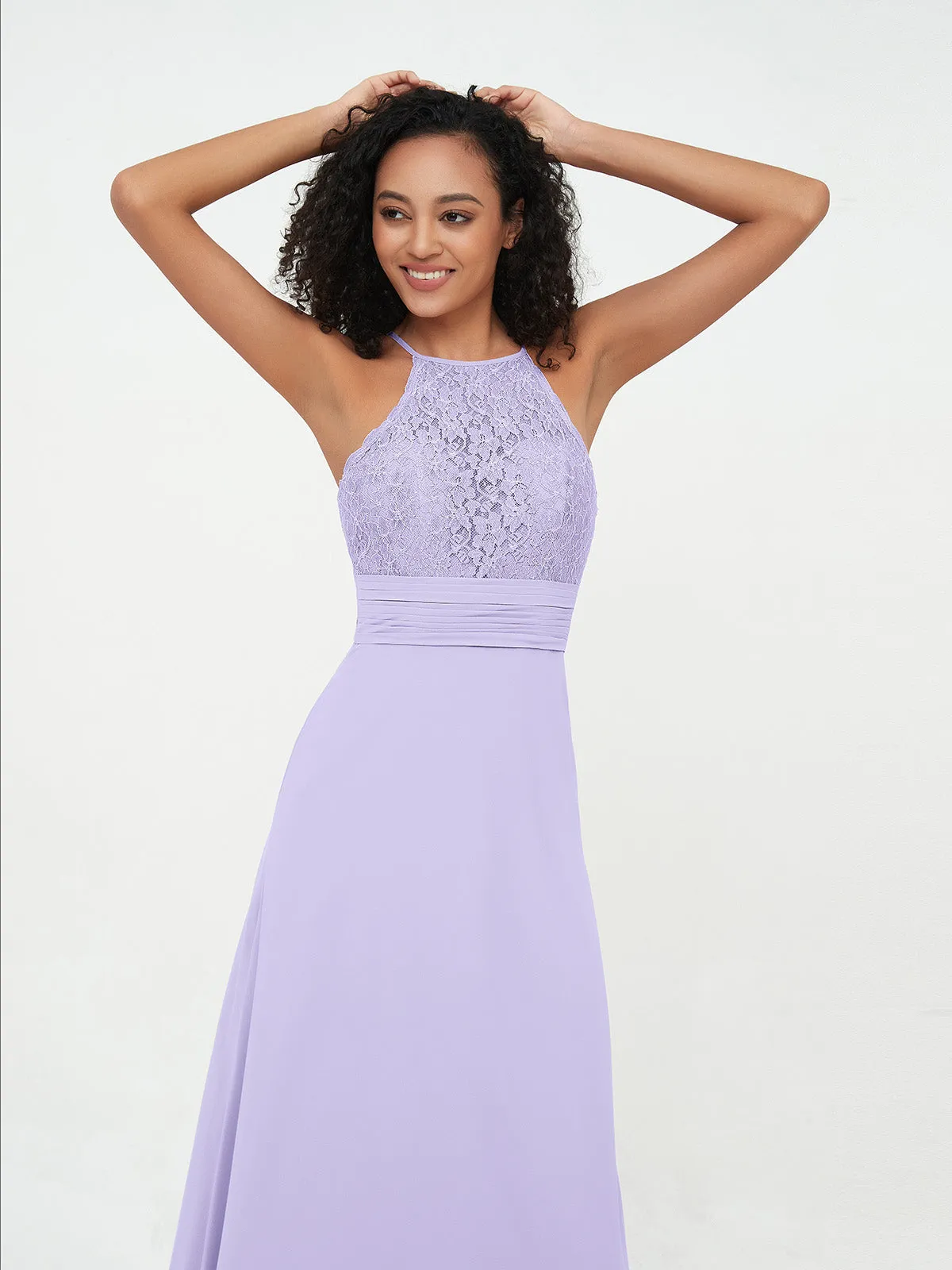 Halter Lace Top and Chiffon Open Back Dresses Lilac Plus Size