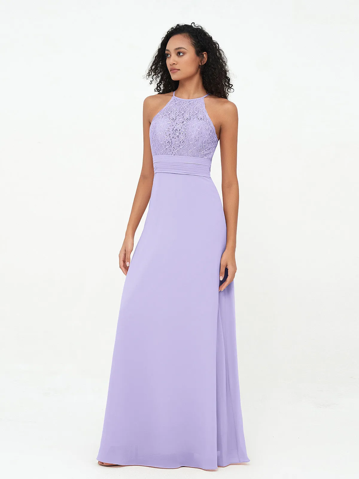 Halter Lace Top and Chiffon Open Back Dresses Lilac Plus Size