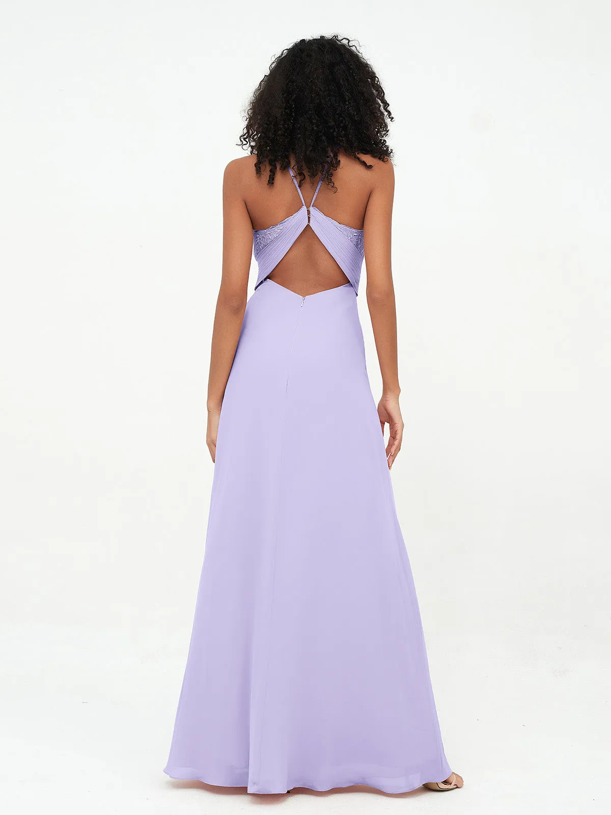 Halter Lace Top and Chiffon Open Back Dresses Lilac Plus Size