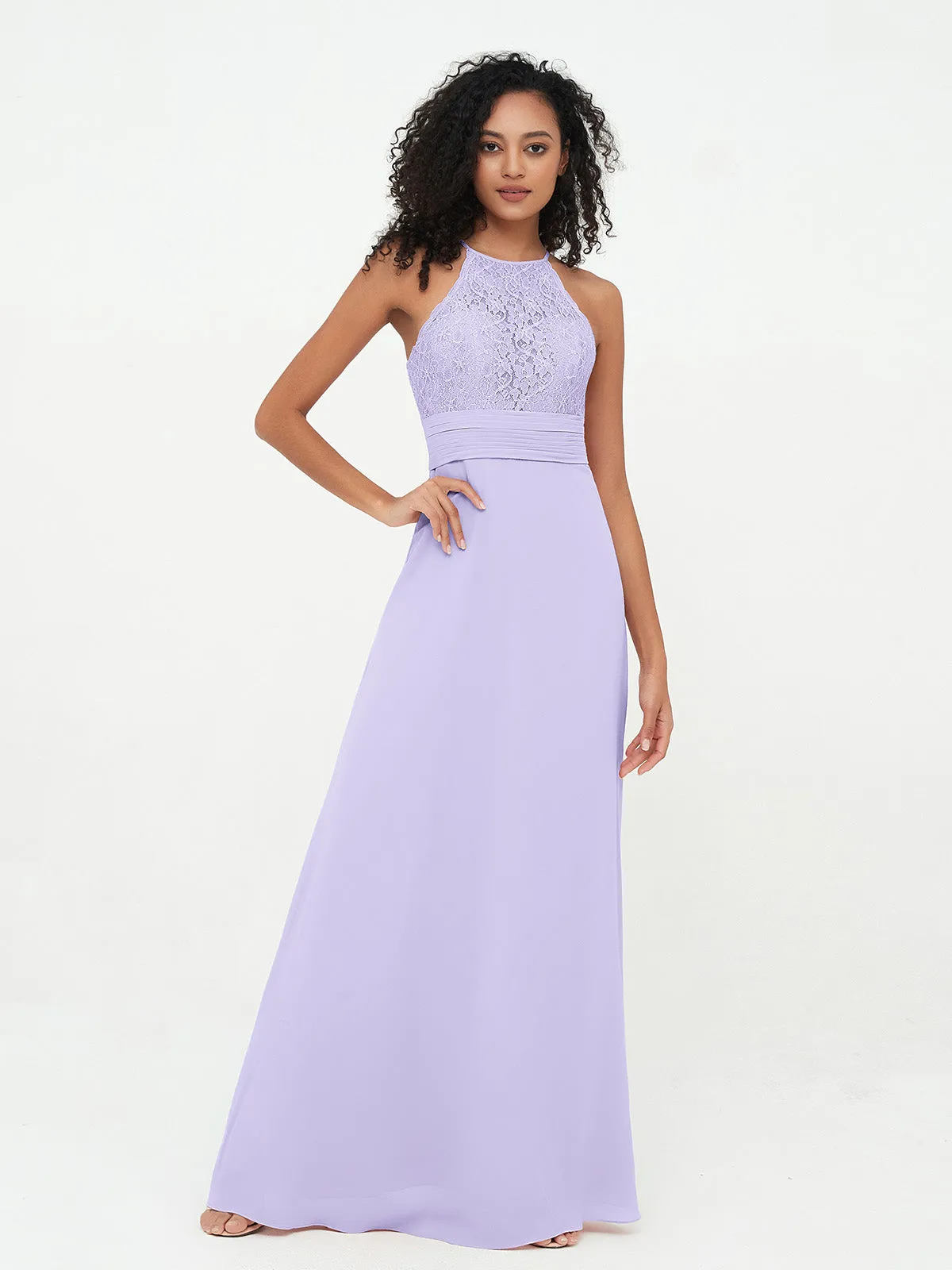 Halter Lace Top and Chiffon Open Back Dresses Lilac Plus Size