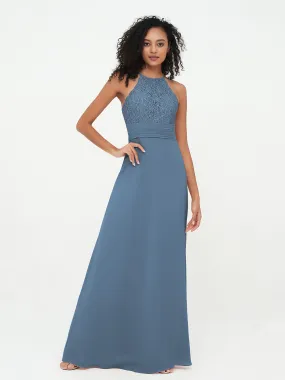 Halter Lace Top and Chiffon Open Back Dresses Slate Blue