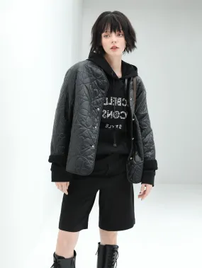 Heavy-Duty Geometric Black Quilted Puffer Jacket