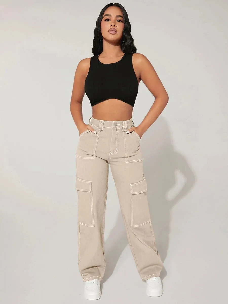 High Waist Denim Flap Pocket Cargo Jeans