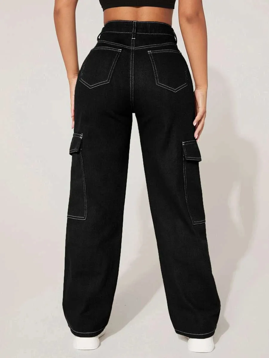 High Waist Denim Flap Pocket Cargo Jeans