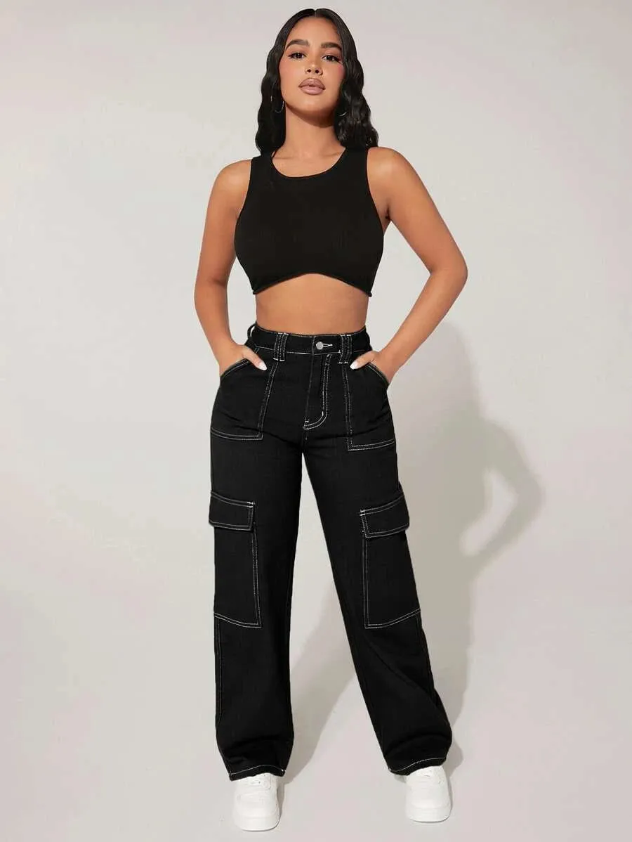 High Waist Denim Flap Pocket Cargo Jeans