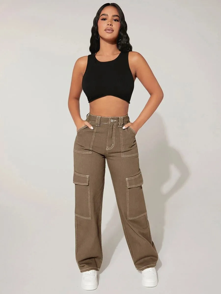 High Waist Denim Flap Pocket Cargo Jeans