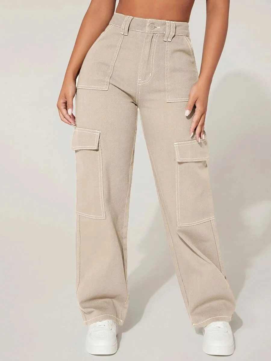 High Waist Denim Flap Pocket Cargo Jeans