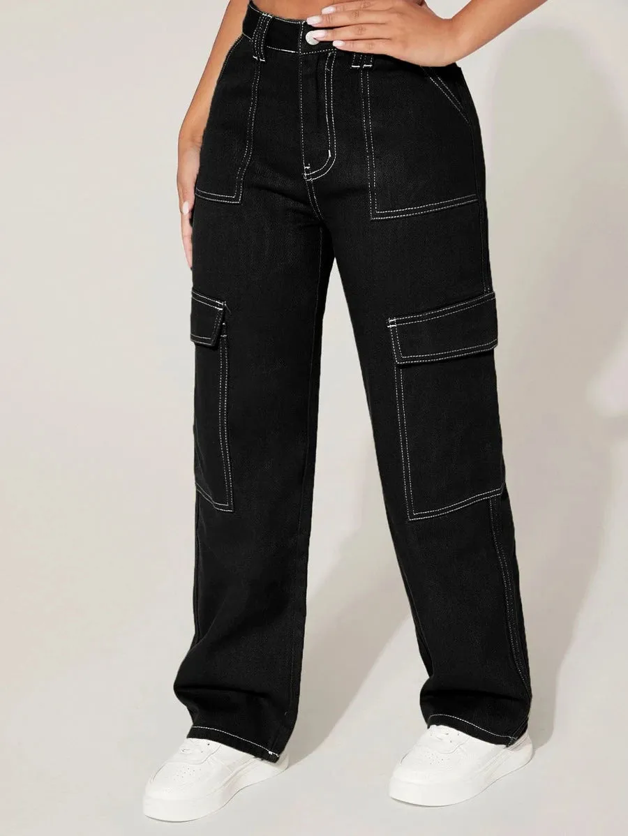 High Waist Denim Flap Pocket Cargo Jeans