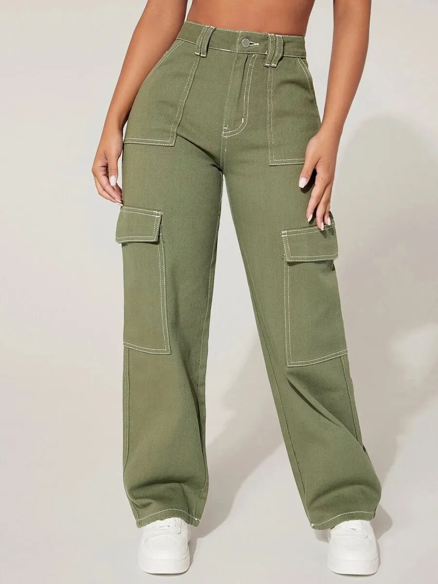 High Waist Denim Flap Pocket Cargo Jeans