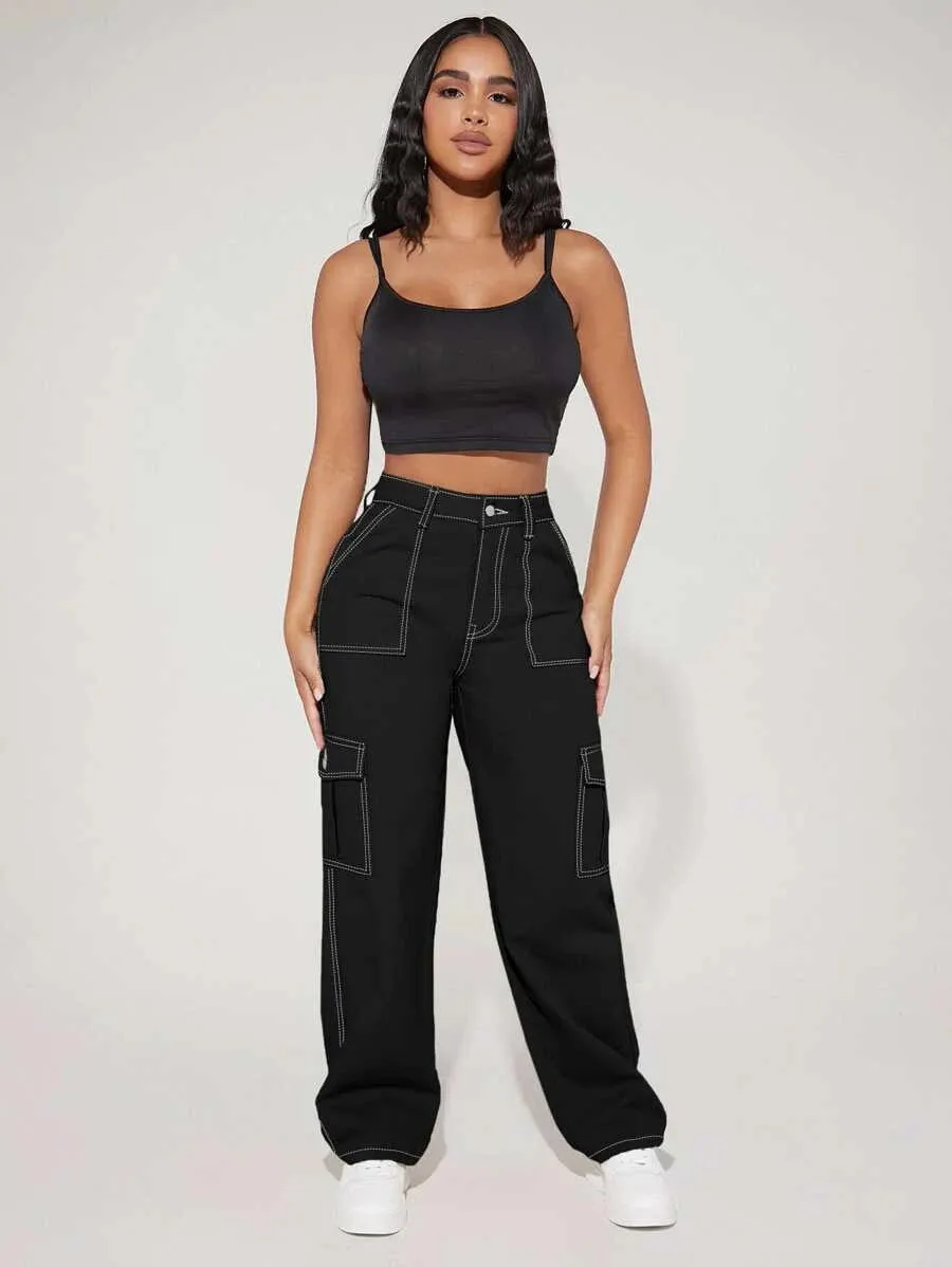 High Waist Flap Side Pocket Cargo Pants