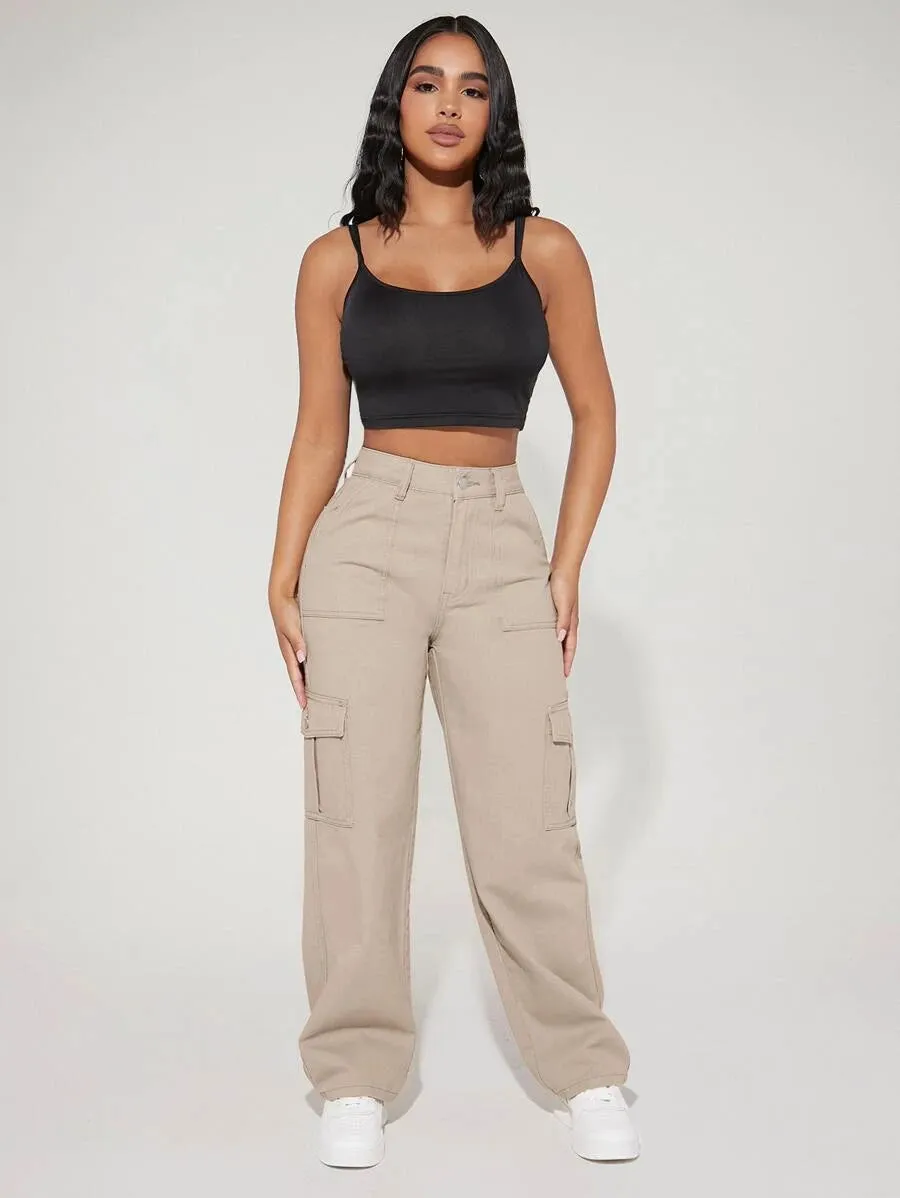 High Waist Flap Side Pocket Cargo Pants