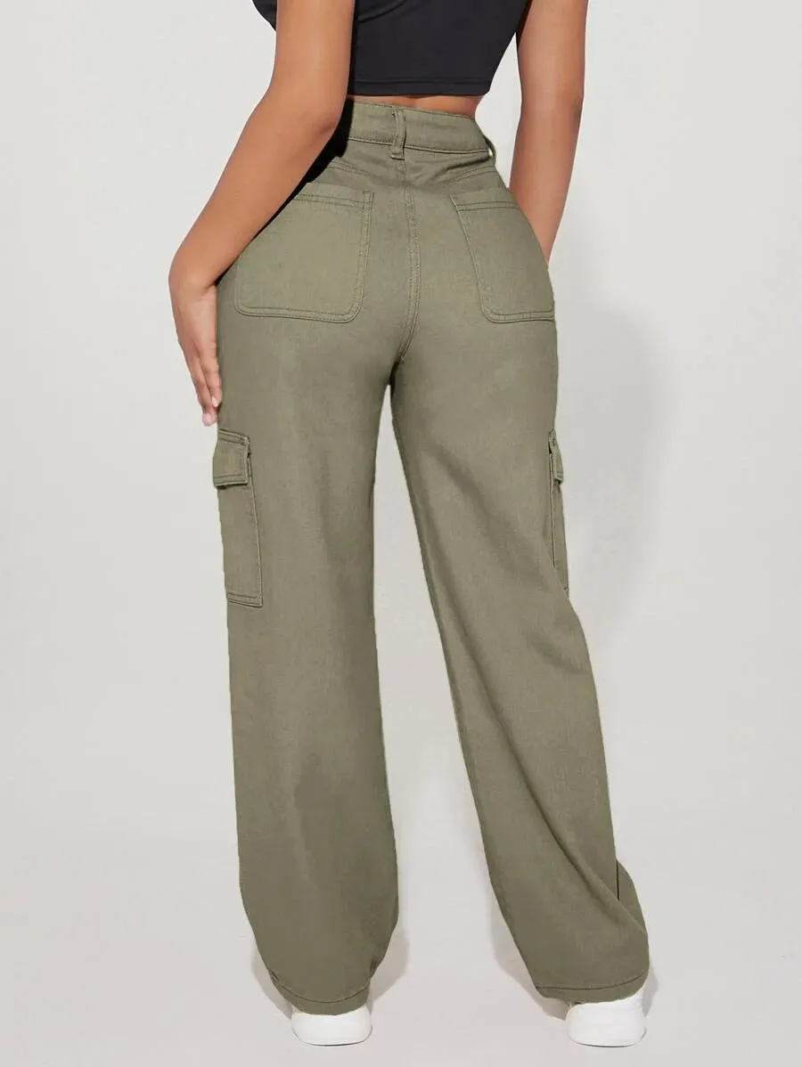 High Waist Flap Side Pocket Cargo Pants