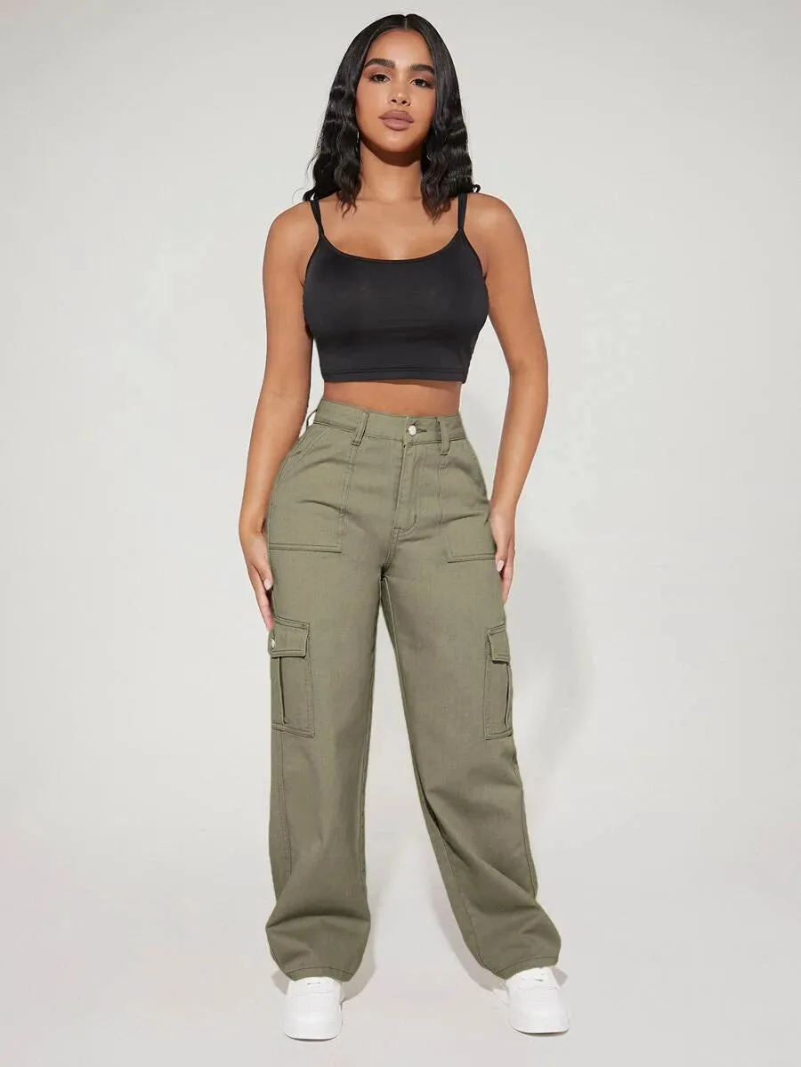 High Waist Flap Side Pocket Cargo Pants