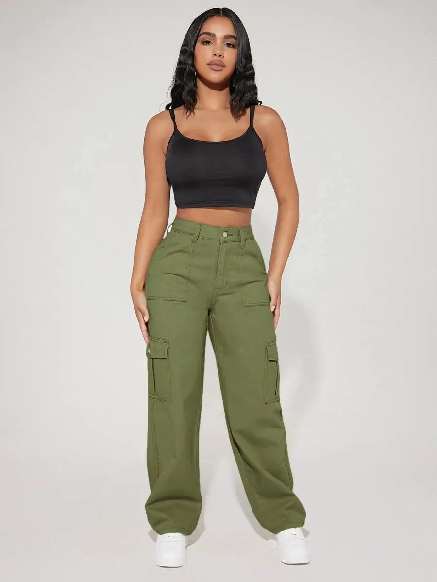 High Waist Flap Side Pocket Cargo Pants