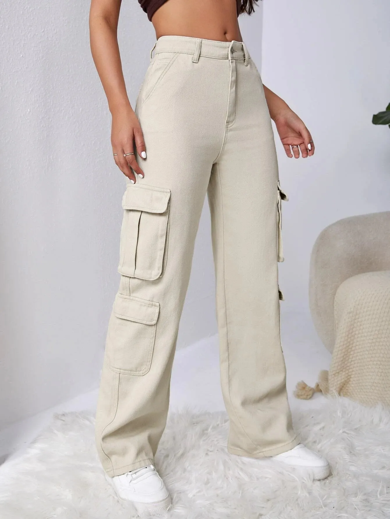 High Waisted Flap Pocket Cargo Jean