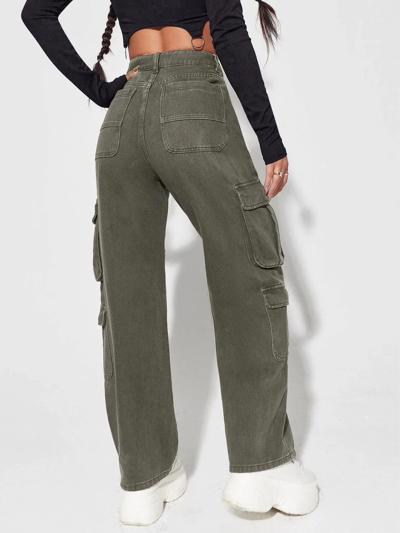 High Waisted Flap Pocket Cargo Jean