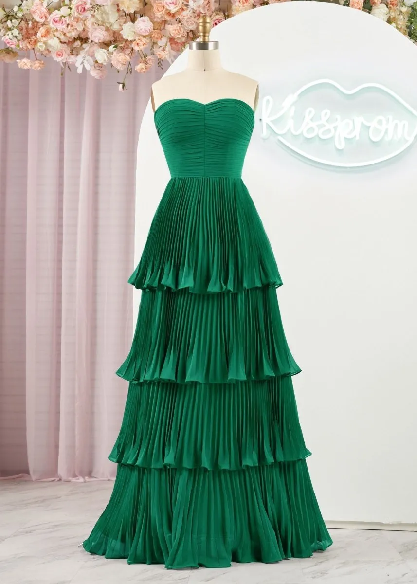 Khalani | Strapless Emerald Green Ruffle Multi-Layer Long Prom Dress