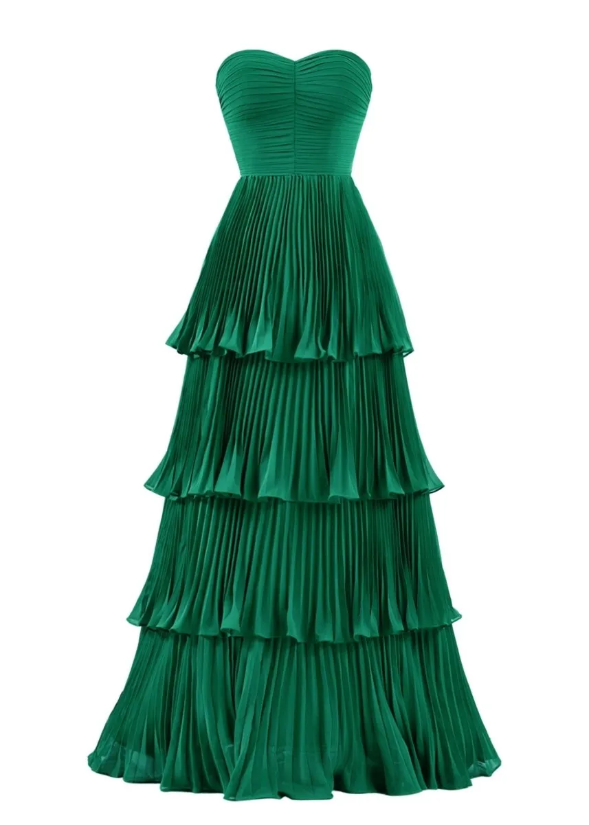 Khalani | Strapless Emerald Green Ruffle Multi-Layer Long Prom Dress