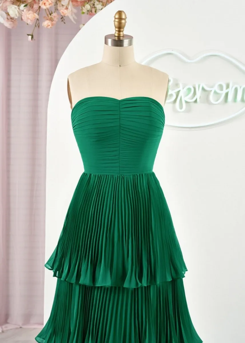 Khalani | Strapless Emerald Green Ruffle Multi-Layer Long Prom Dress