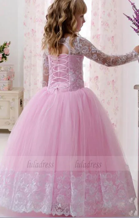 Lace Long Sleeves Ball Gown Pink Flower Girl Dresses