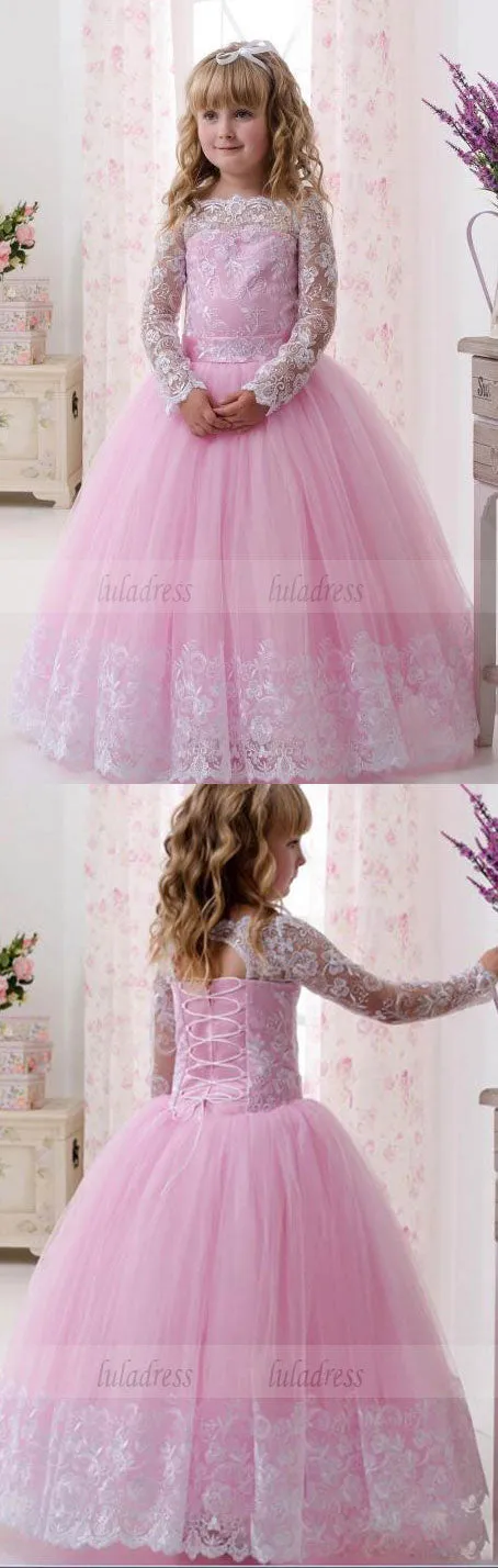 Lace Long Sleeves Ball Gown Pink Flower Girl Dresses