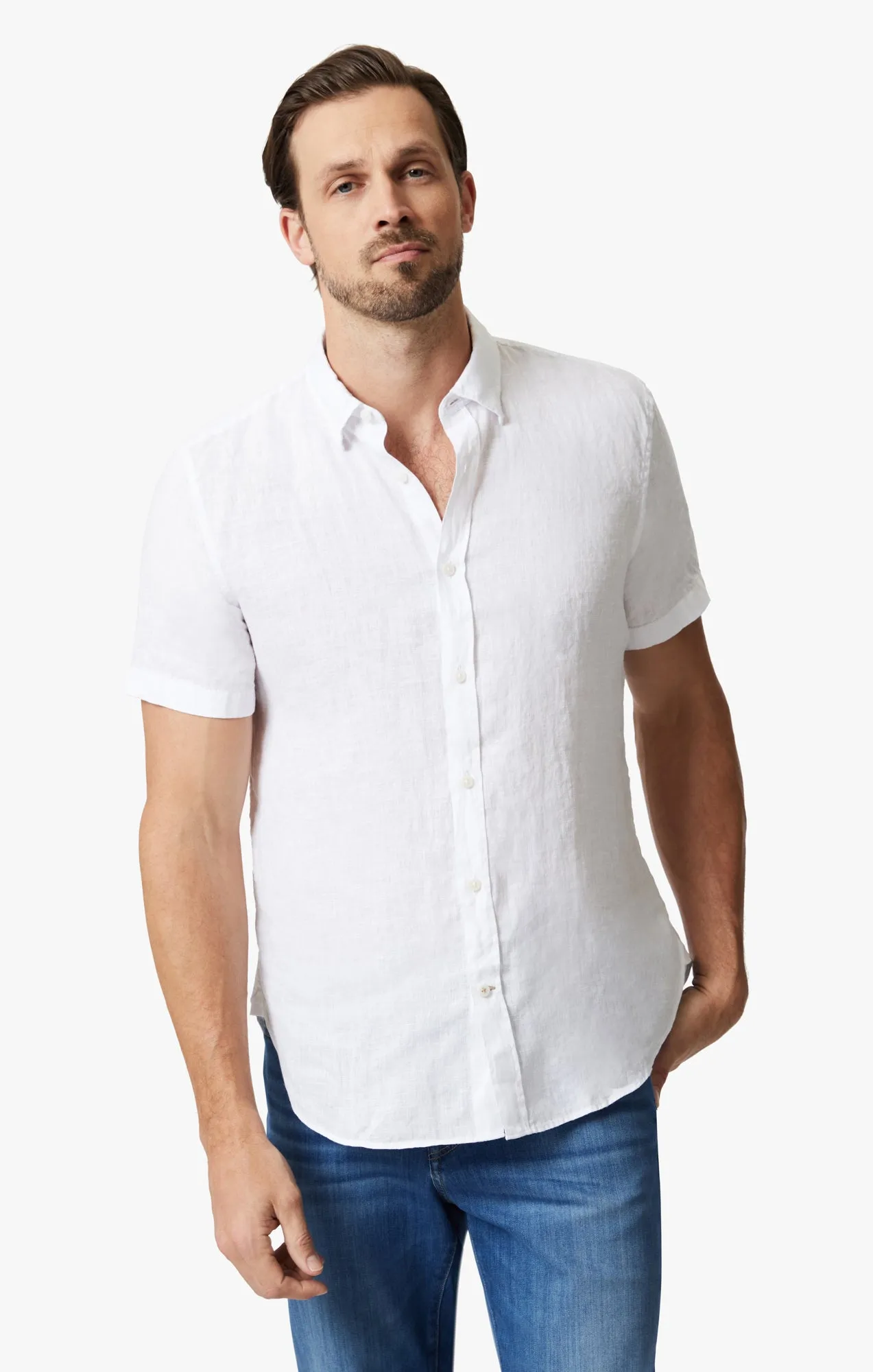 Linen Short Sleeve Shirt In Bright White