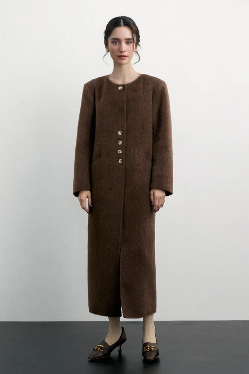 Long Collarless Double Faced Wool-Blend Coat