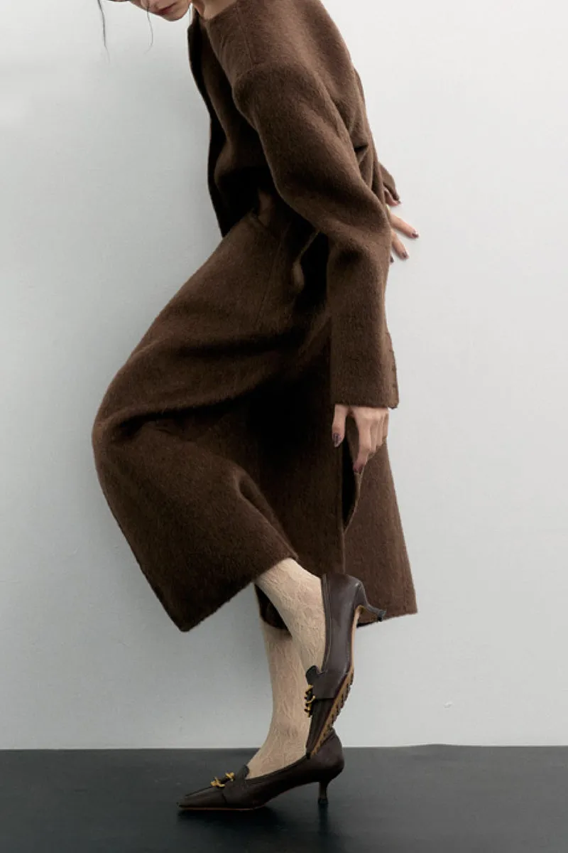 Long Collarless Double Faced Wool-Blend Coat