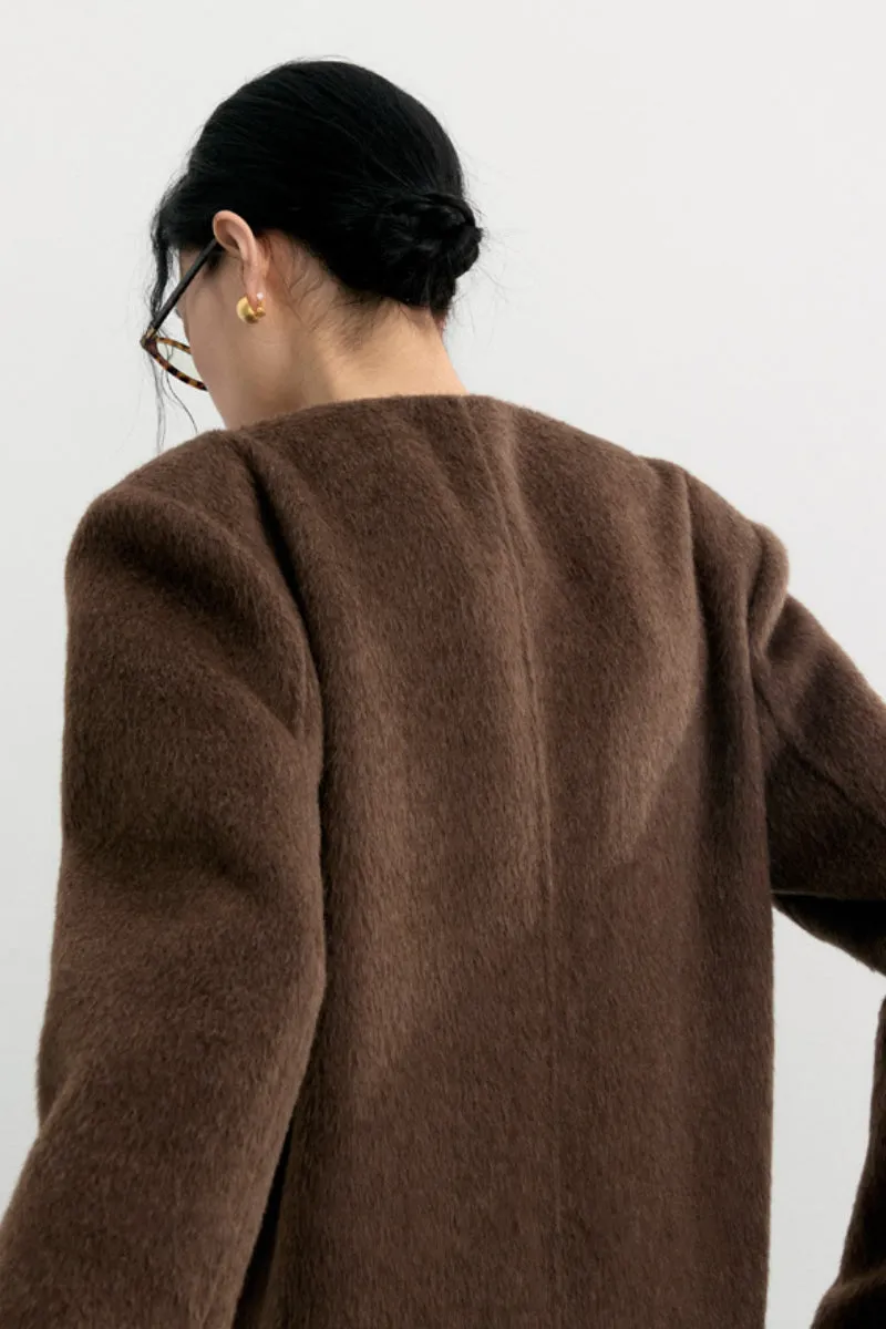 Long Collarless Double Faced Wool-Blend Coat