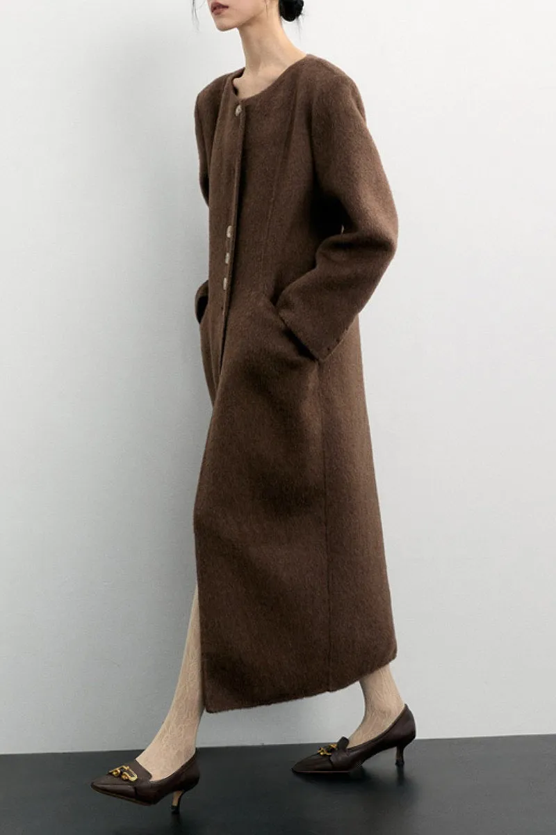 Long Collarless Double Faced Wool-Blend Coat