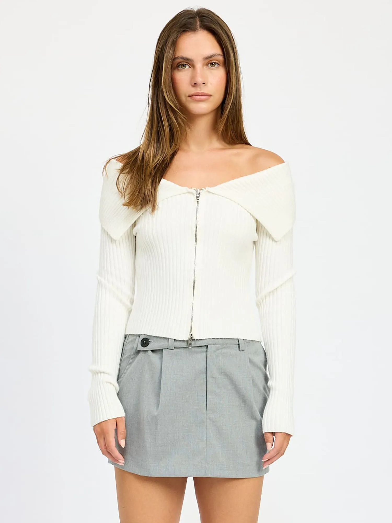 Longsleeve Zip Front Bardot Shoulder Sweater