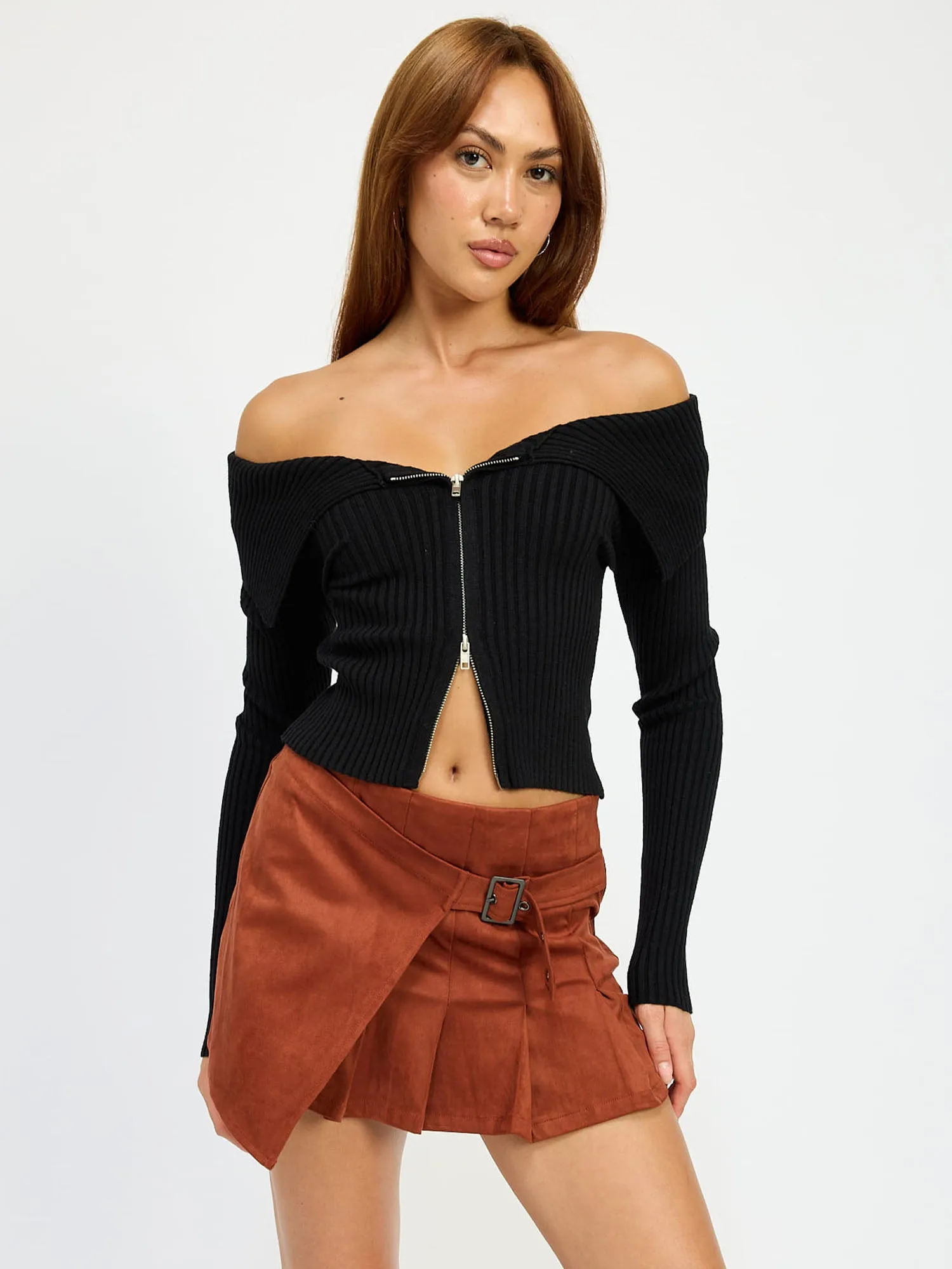 Longsleeve Zip Front Bardot Shoulder Sweater