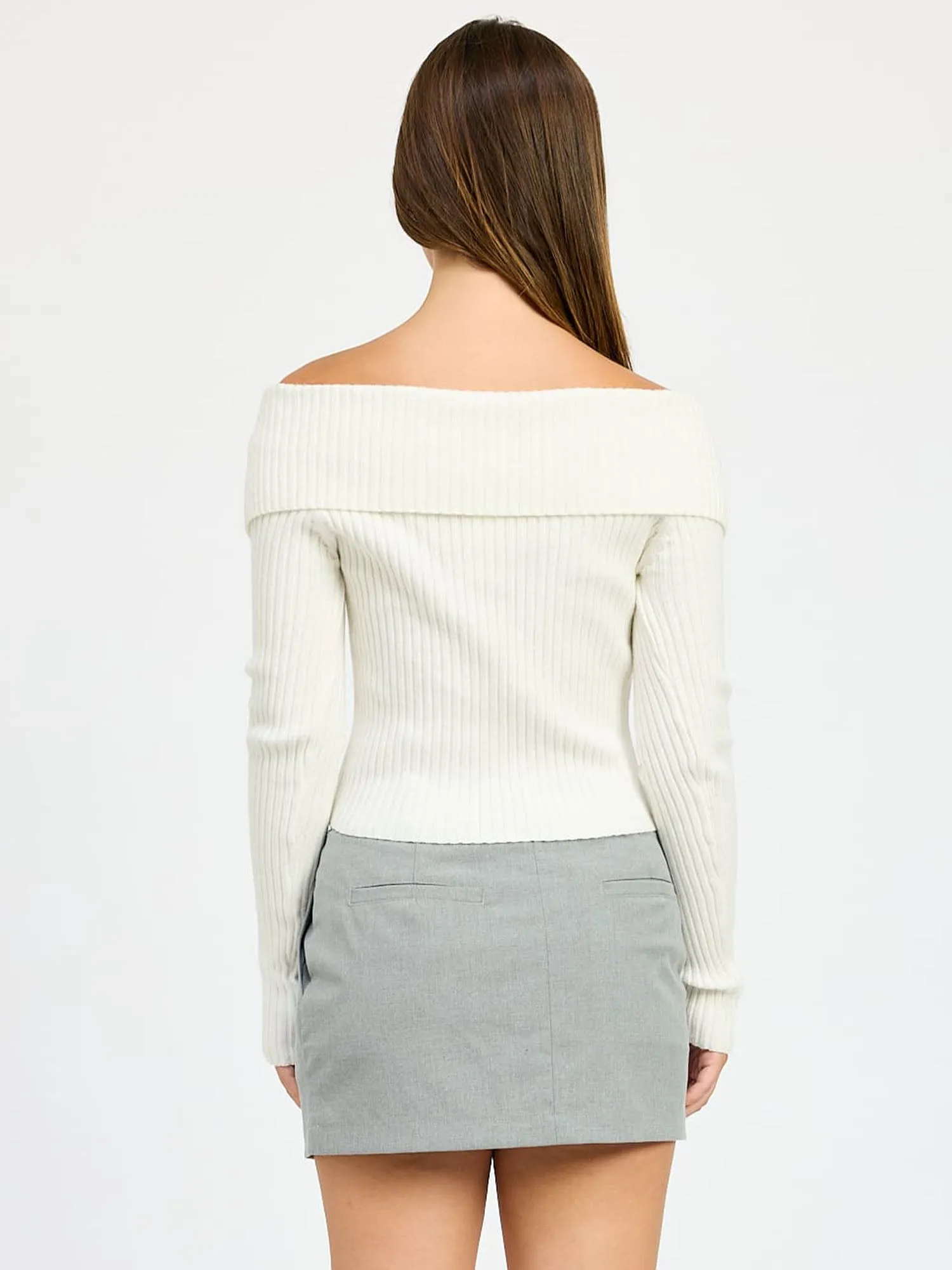 Longsleeve Zip Front Bardot Shoulder Sweater