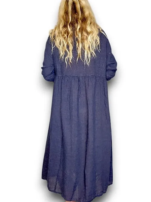 MAXI BUTTON SHIRT DRESS LINEN NAVY