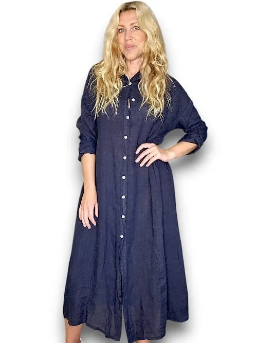 MAXI BUTTON SHIRT DRESS LINEN NAVY