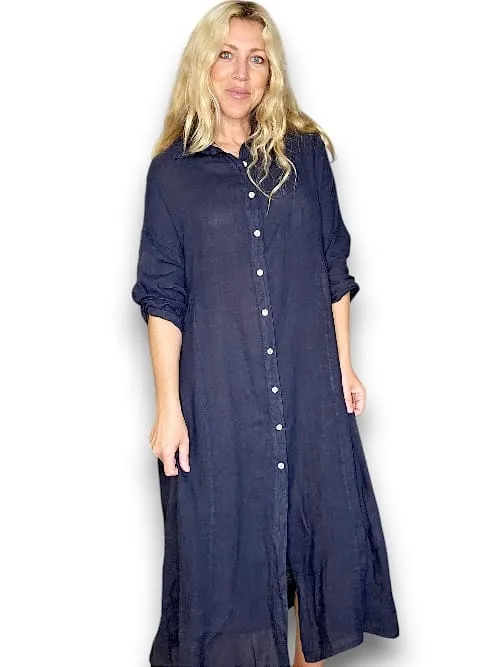 MAXI BUTTON SHIRT DRESS LINEN NAVY