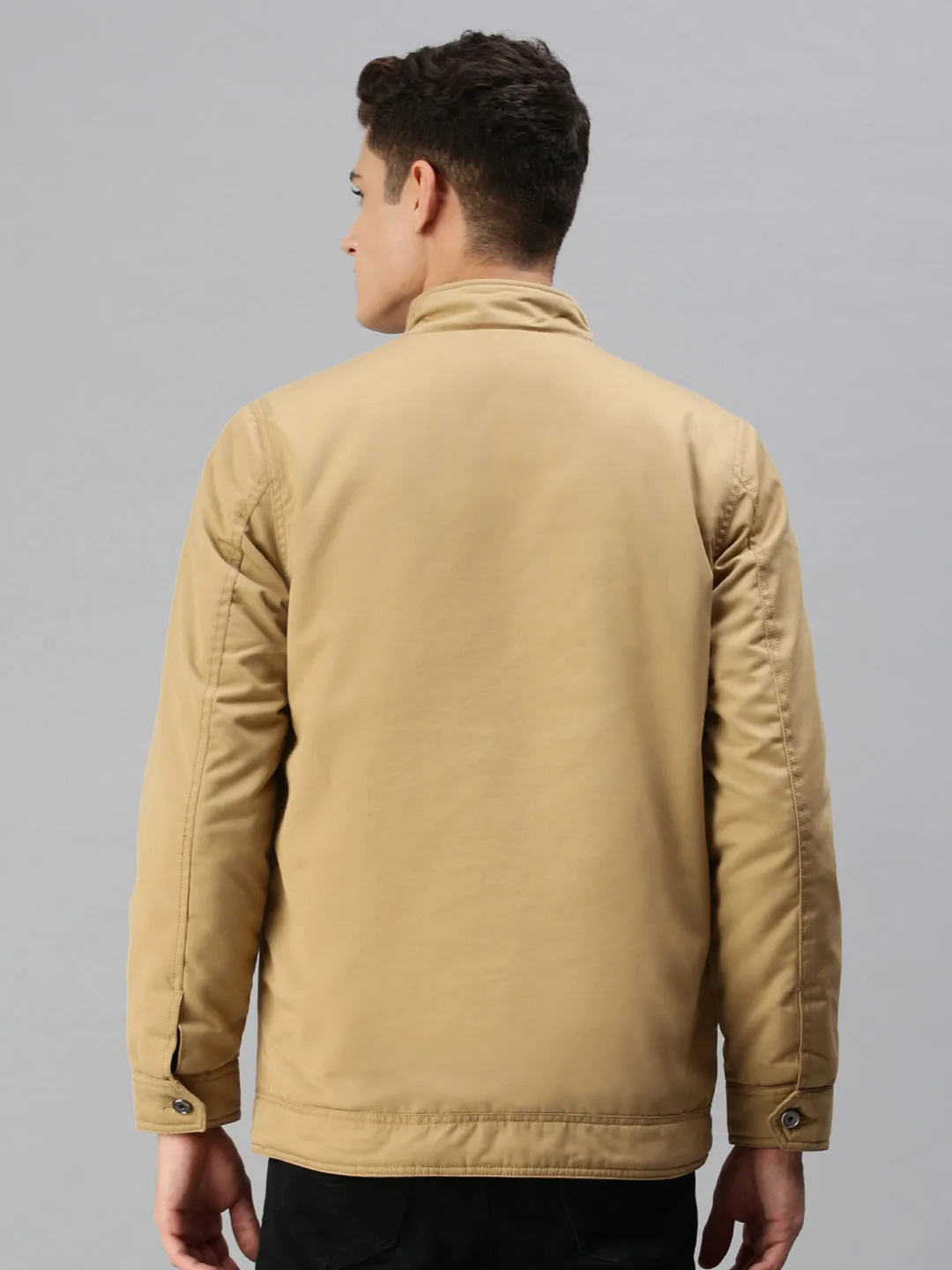 Men Solid Khaki Biker Jacket