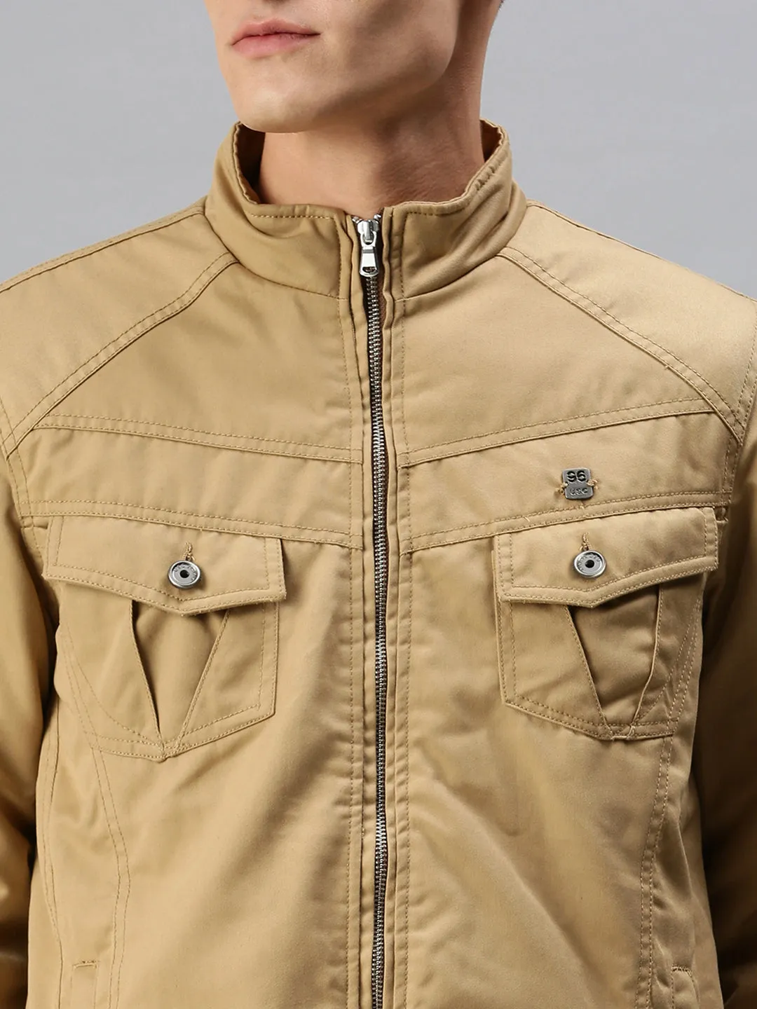 Men Solid Khaki Biker Jacket