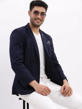 Men Solid Navy Blue Single Breasted Blazer