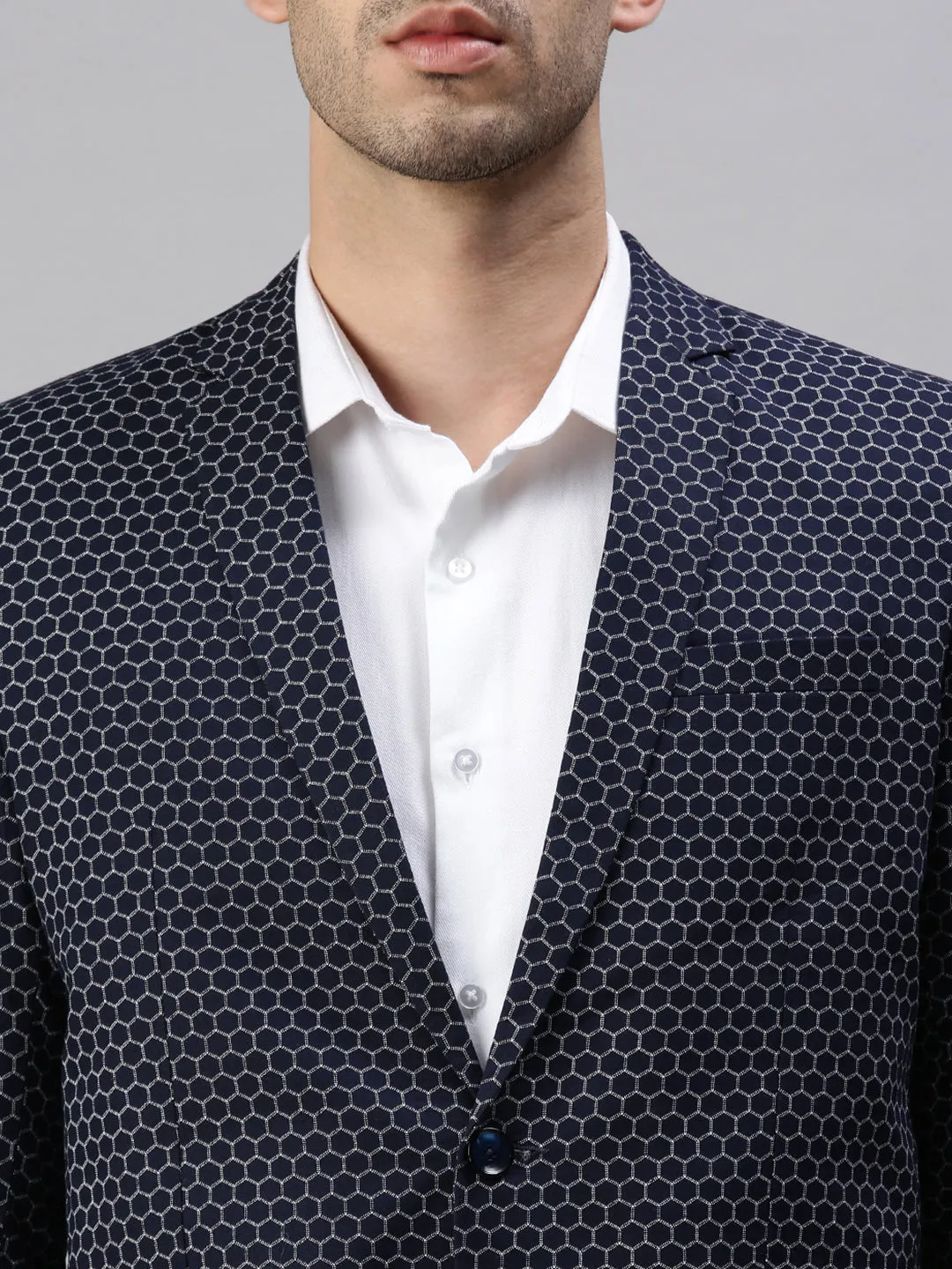 Men's Printed Navy Blue Single Breasted Blazer