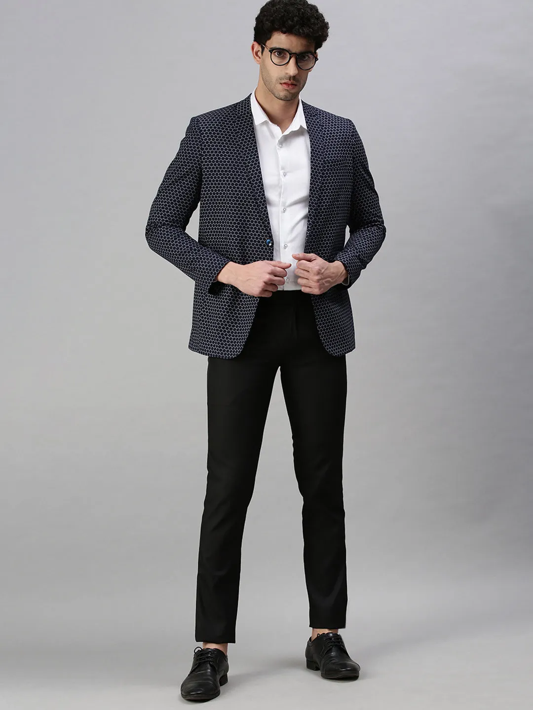 Men's Printed Navy Blue Single Breasted Blazer